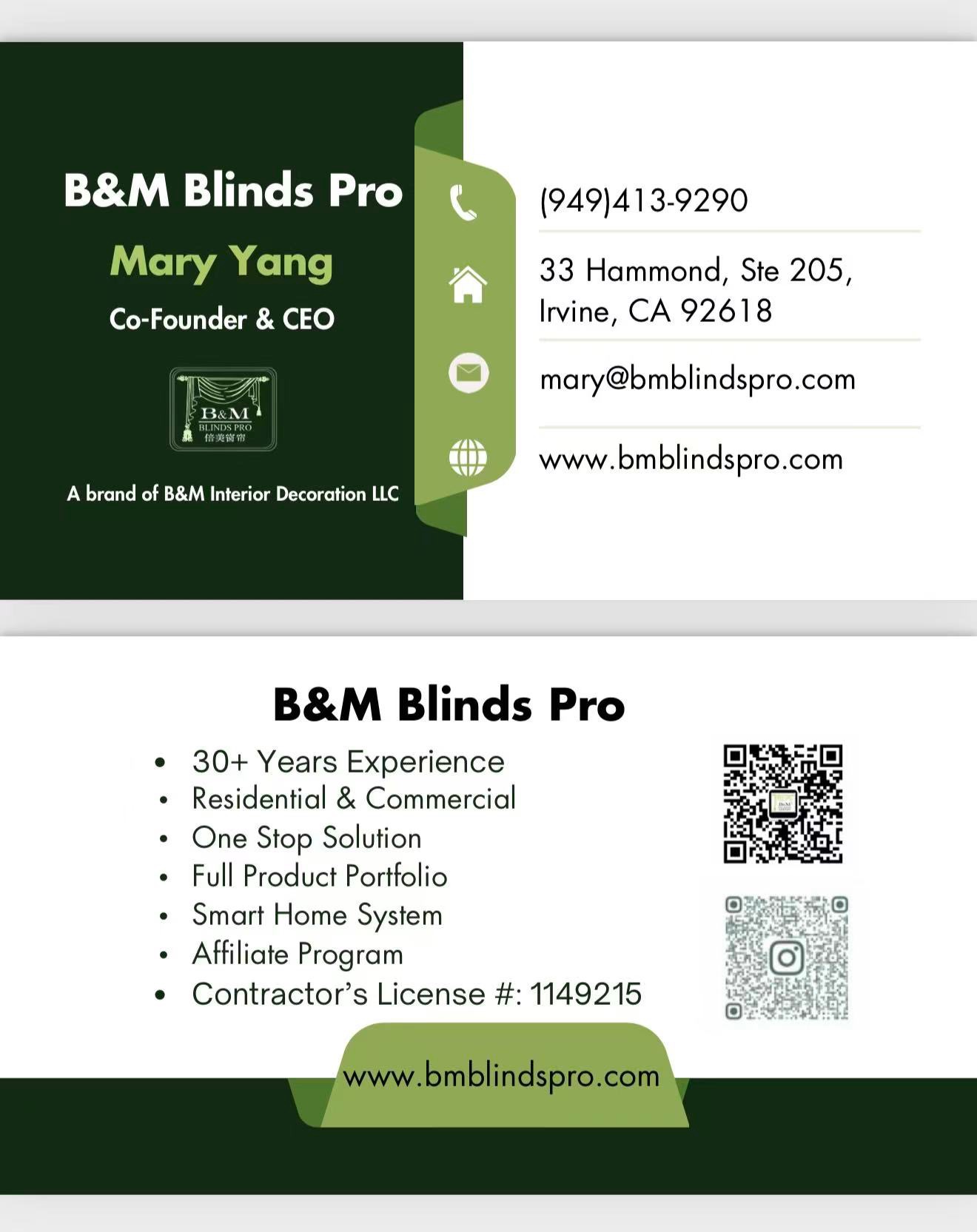 B&M Blinds Pro Mary Yang 联系资料与公司介绍